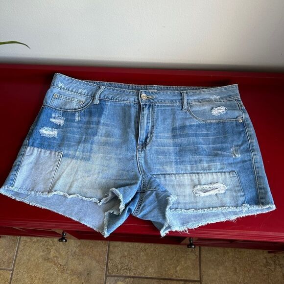 Kensie Blue Distressed Jean Shorts with Frayed Hem - Picture 1 of 5